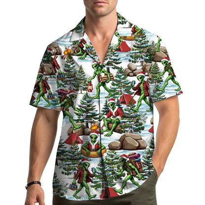 Person wearing the white alien hawaiian shirt in a lifestyle setting