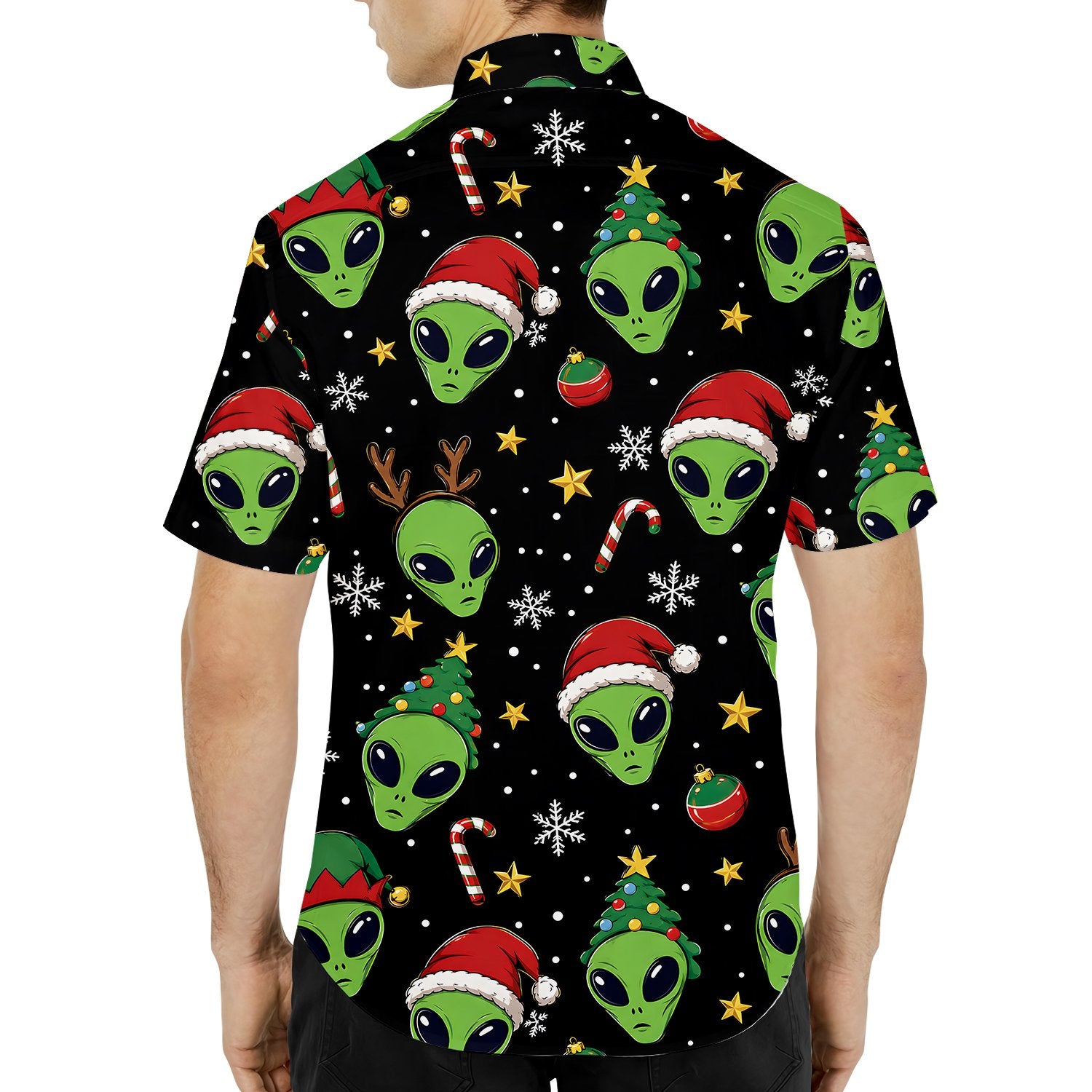 Another back view of the black and green alien christmas hawaiian shirt.