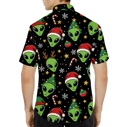 Another back view of the black and green alien christmas hawaiian shirt.