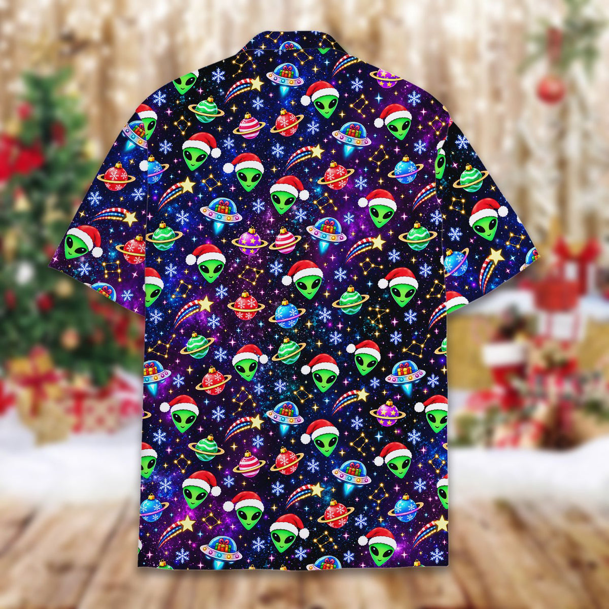 Secondary back view of the alien hawaiian shirt in navy, green, red, and white