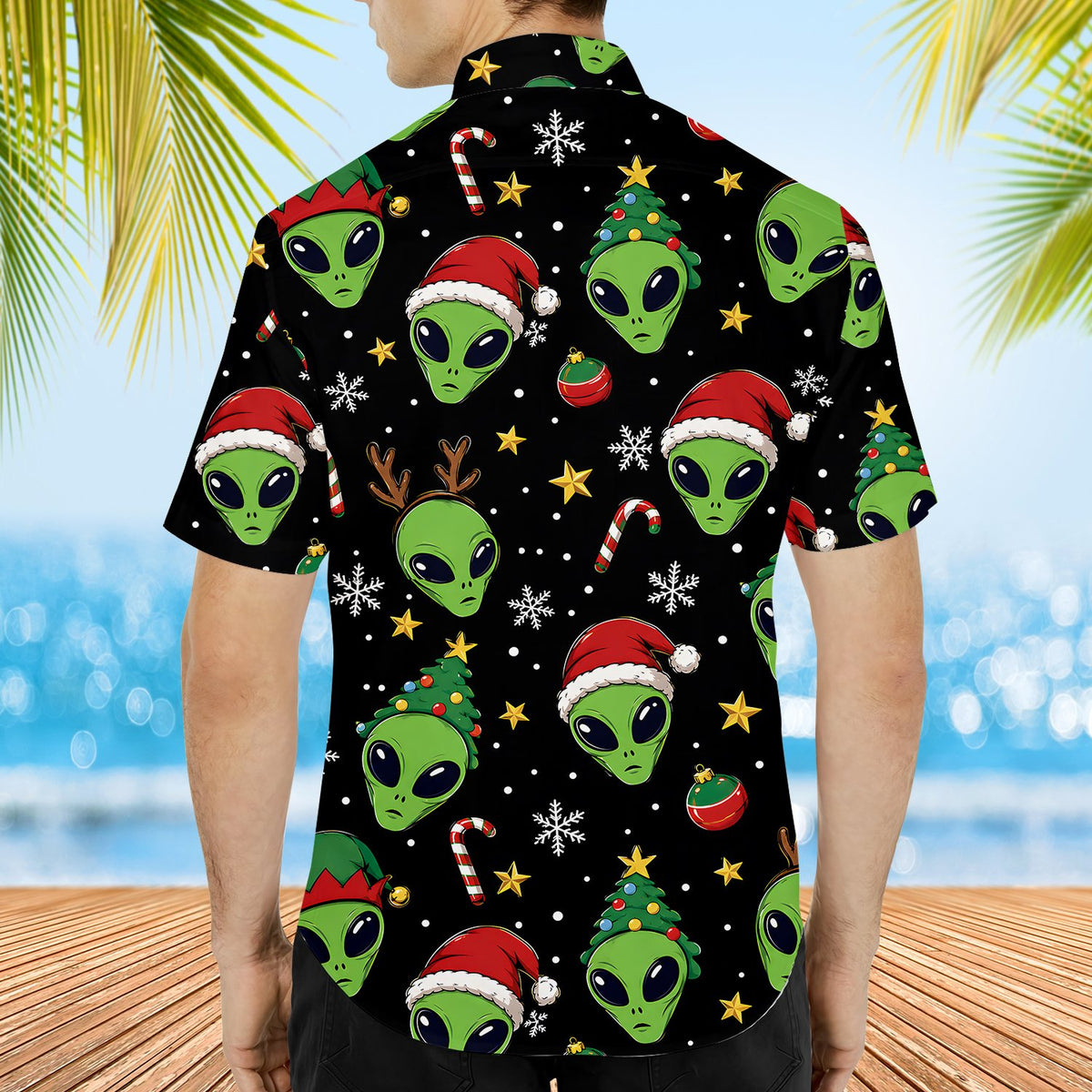 Detail of the back of the alien holiday hawaiian shirt.