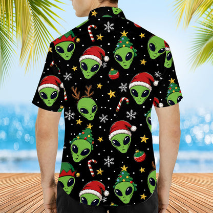 Detail of the back of the alien holiday hawaiian shirt.
