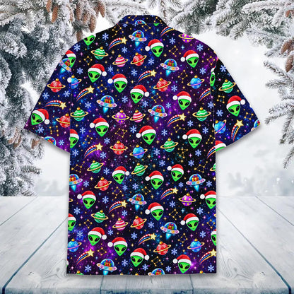 Back view of the alien Christmas hawaiian shirt showing the continuous starry space pattern