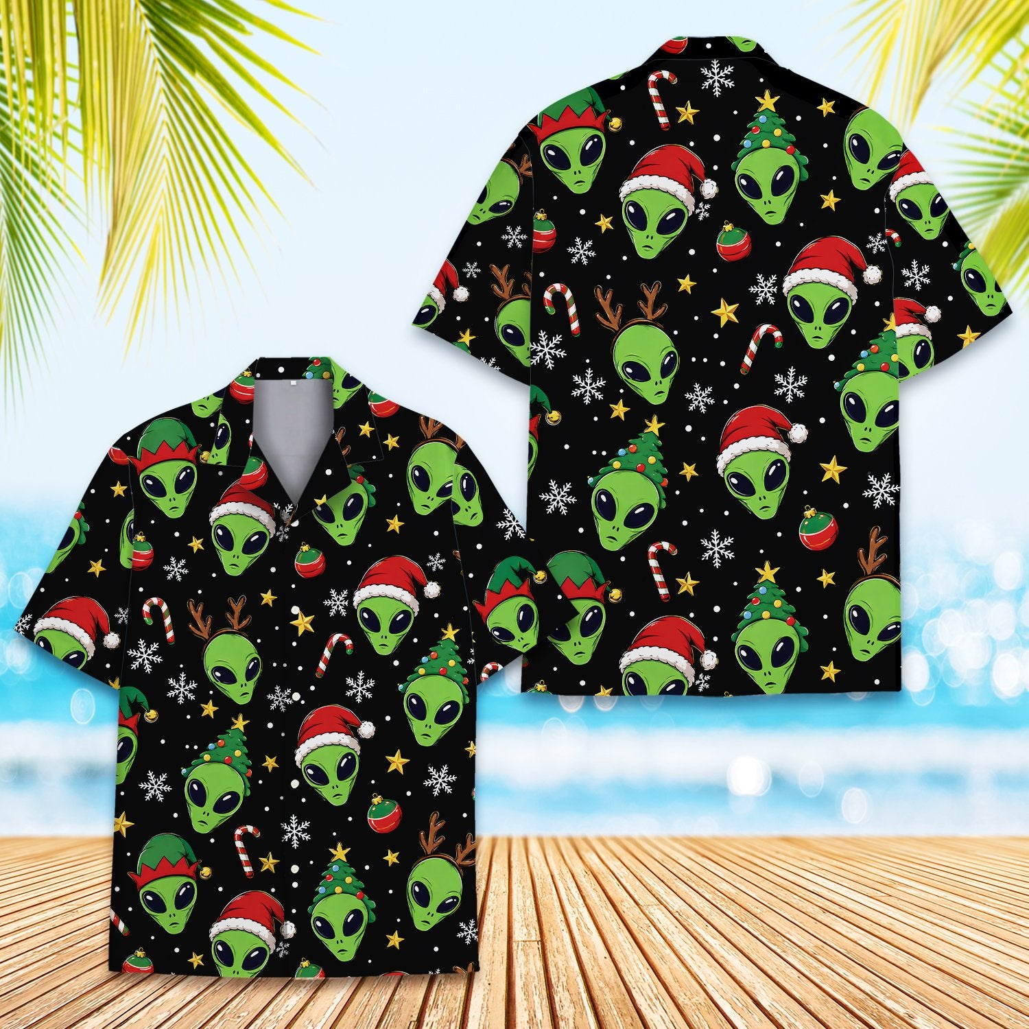 Another front view of the matching family hawaiian shirt with alien christmas pattern.