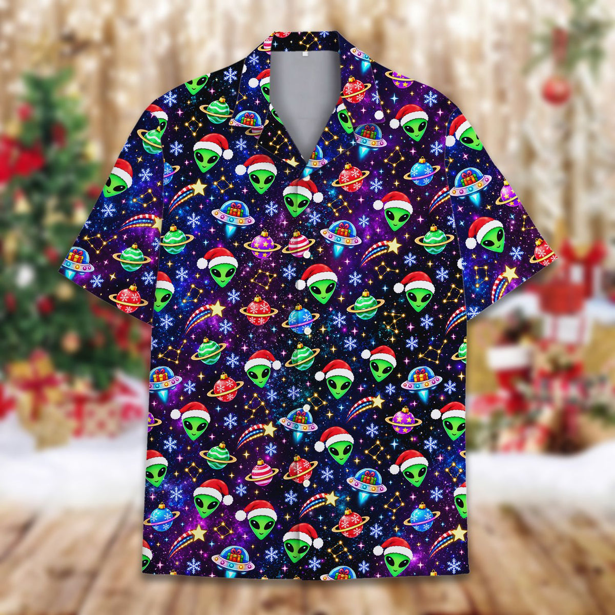 Secondary front view of the matching family hawaiian shirt with festive UFOs and planets