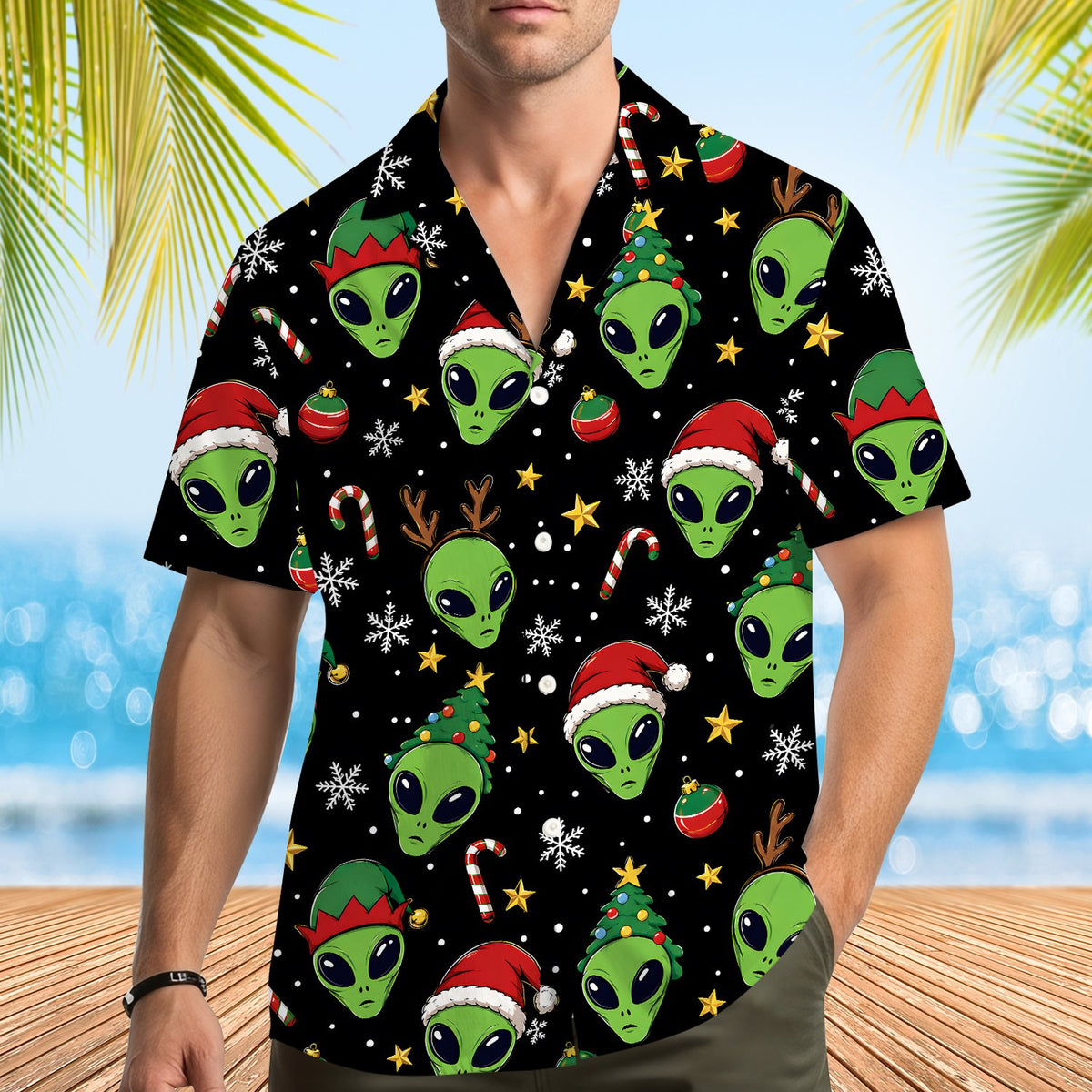 Close up front detail of the alien holiday hawaiian shirt.