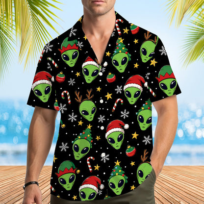 Close up front detail of the alien holiday hawaiian shirt.