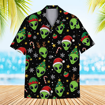 Full front perspective of the alien christmas hawaiian shirt.