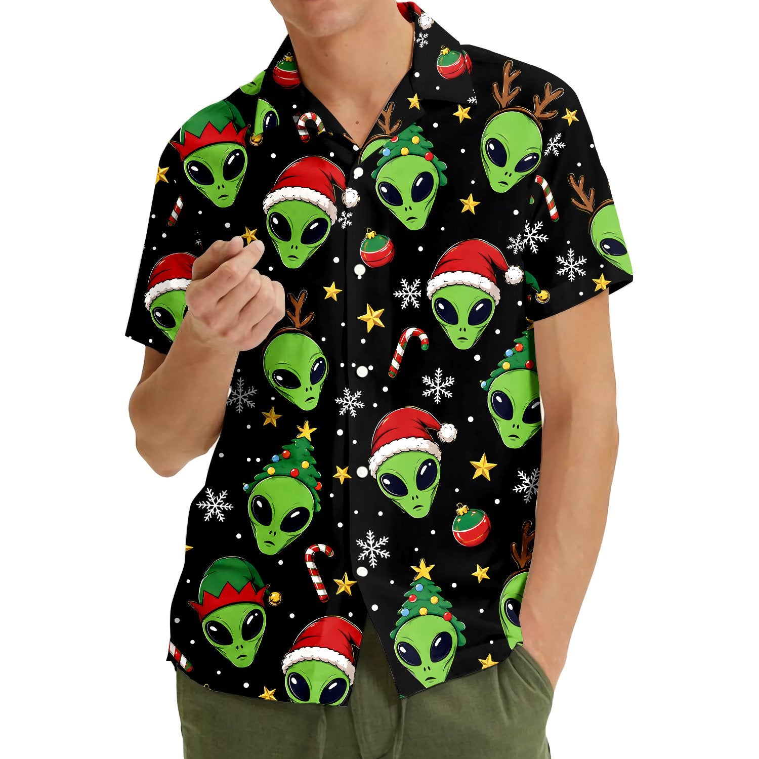 Alien christmas hawaiian shirt featuring green aliens in holiday hats on a black background, matching family apparel.