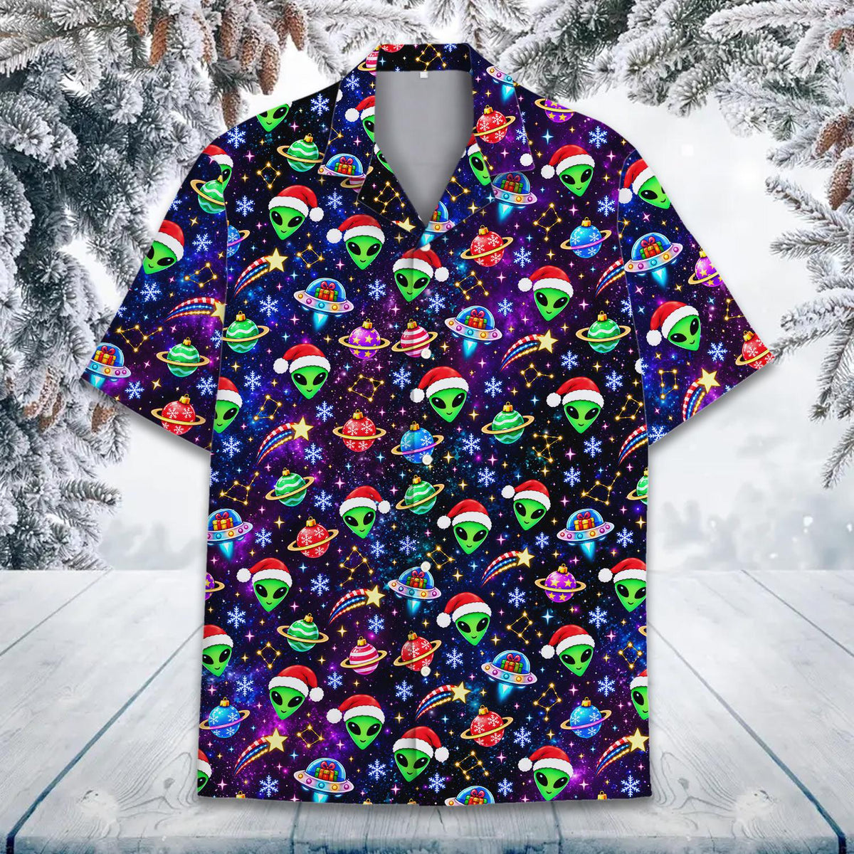 Front view of the alien Christmas hawaiian shirt featuring green aliens in Santa hats