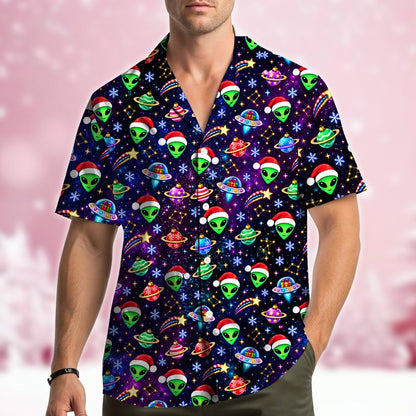 Lifestyle view of someone wearing the alien christmas hawaiian shirt in a festive setting