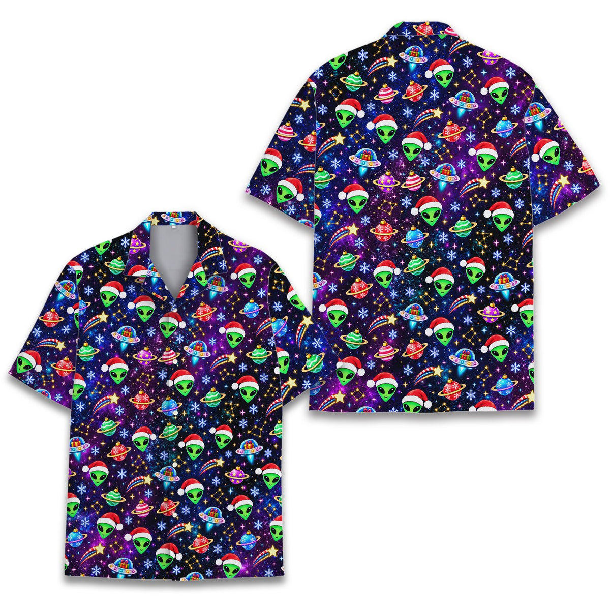 Detail view of the alien hawaiian shirt fabric showing the all-over holiday print