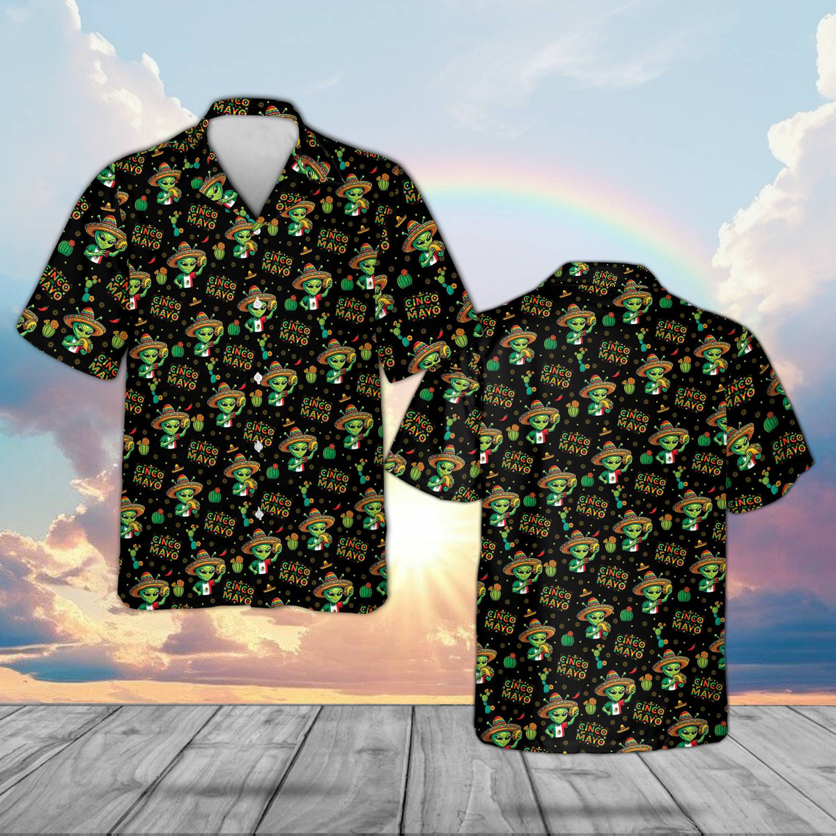 Black alien cinco de mayo hawaiian shirt with green aliens and sombreros, front view