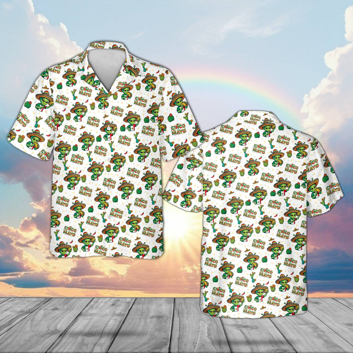 White alien cinco de mayo hawaiian shirt with green aliens and sombreros, front view