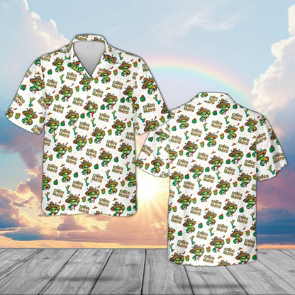 White alien cinco de mayo hawaiian shirt with green aliens and sombreros, front view