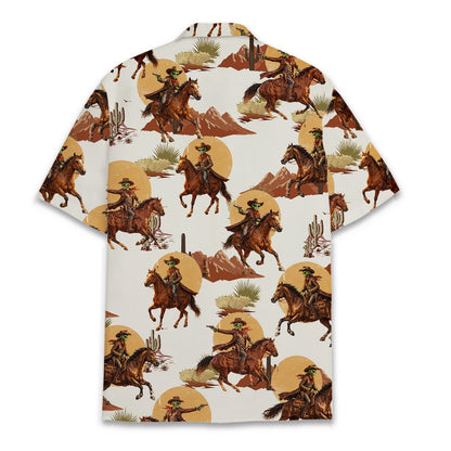 Back view of the matching family hawaiian shirt showing the retro alien desert print