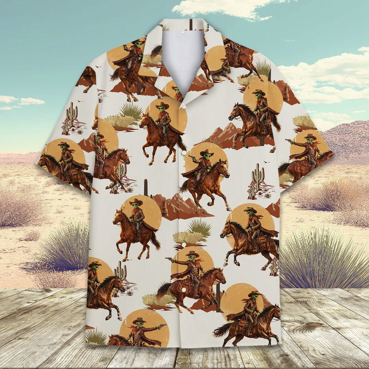Additional front view of the beige and brown alien western hawaiian shirt