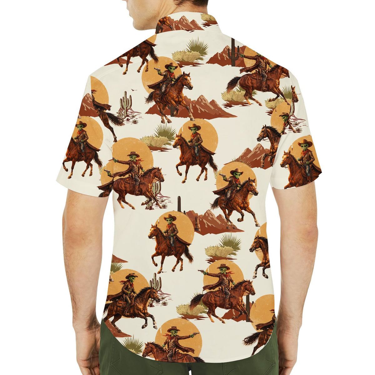 Lifestyle view of someone wearing the matching family alien western hawaiian shirt