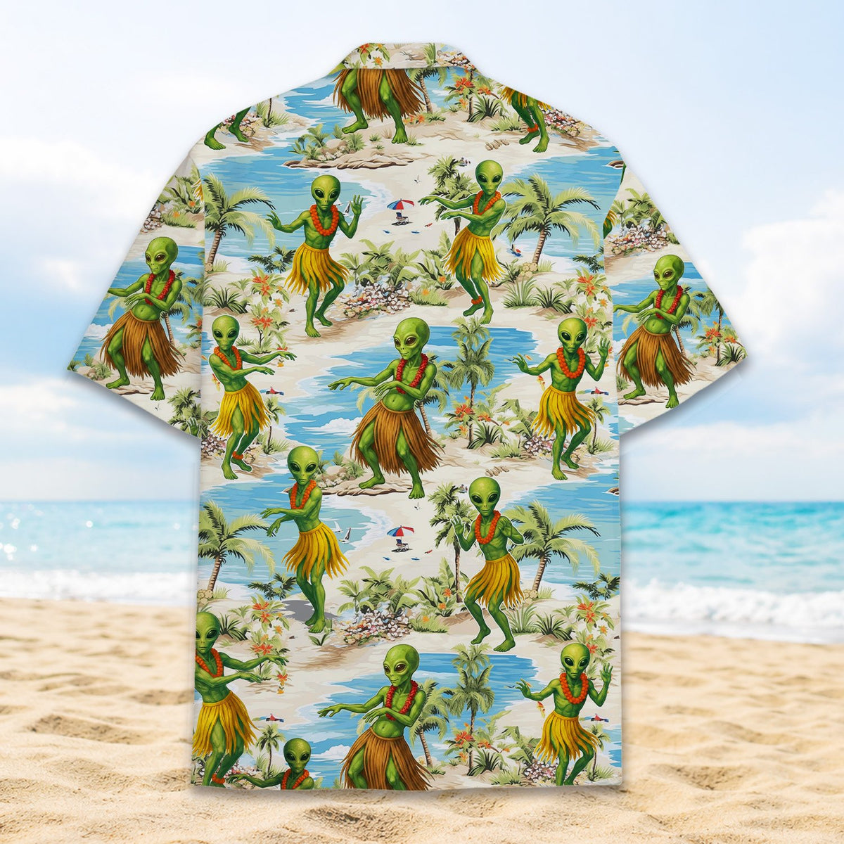 Close up detail of alien hula dancers on Hawaiian shirt