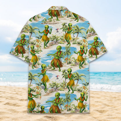 Close up detail of alien hula dancers on Hawaiian shirt