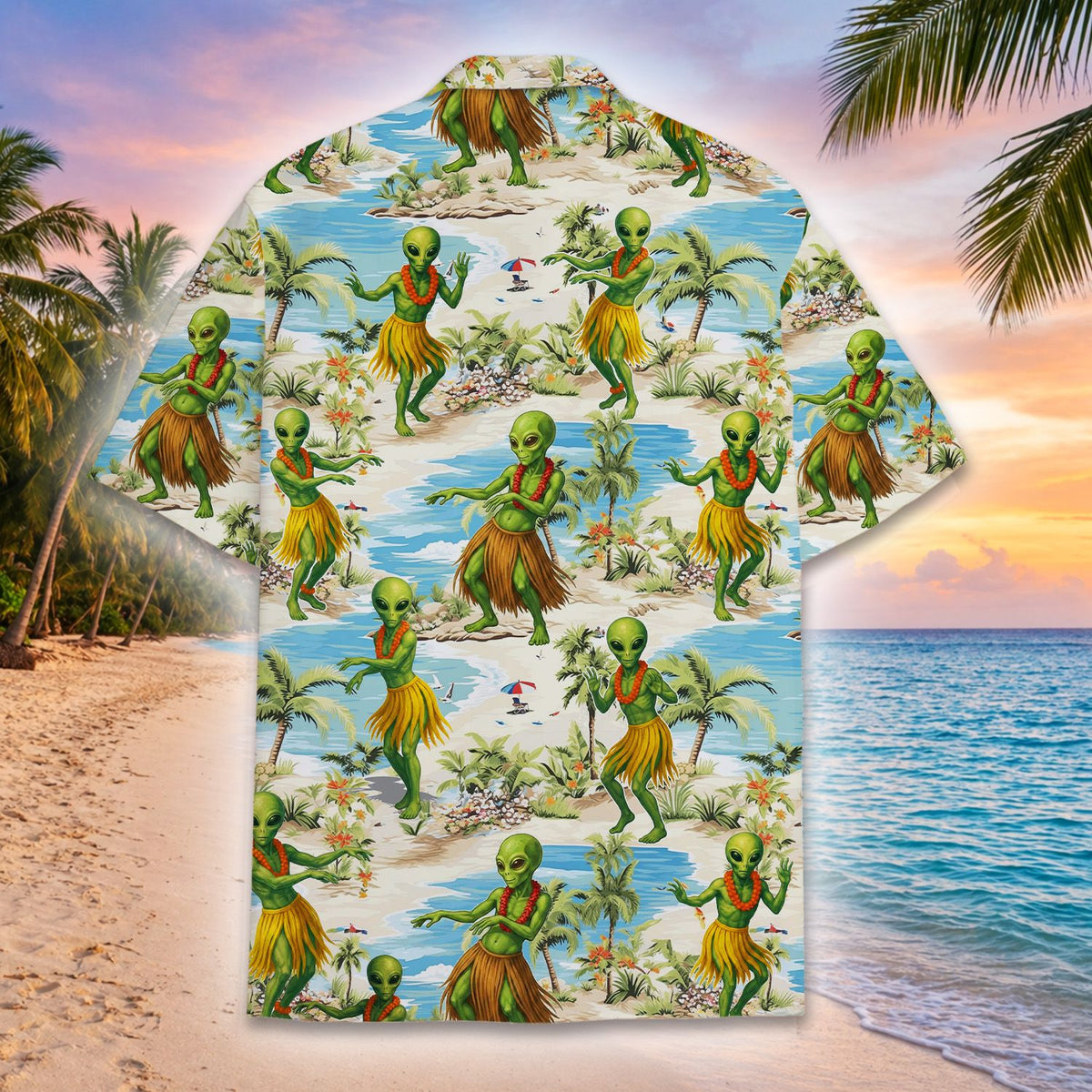 Detail view of tropical beach pattern on alien Hawaiian shirt