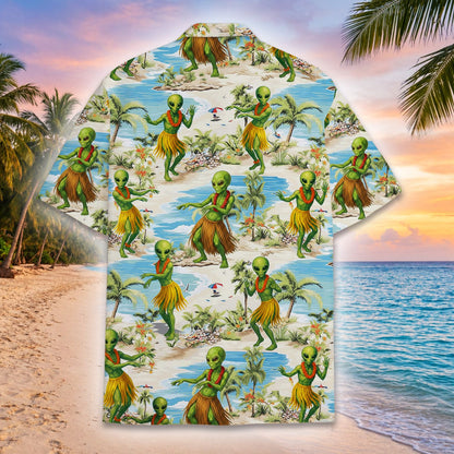 Detail view of tropical beach pattern on alien Hawaiian shirt