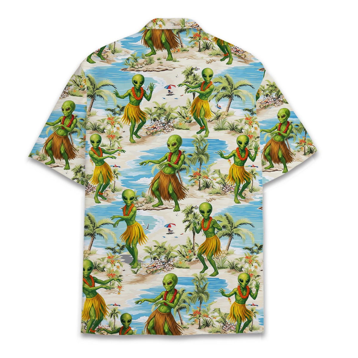 Lifestyle view of matching family Hawaiian shirts with alien design