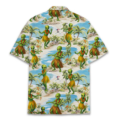 Lifestyle view of matching family Hawaiian shirts with alien design