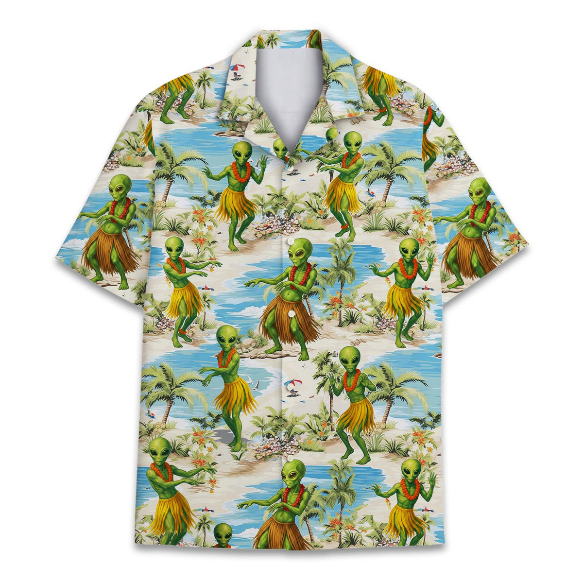 Matching family Hawaiian shirts alien design, alternative front view