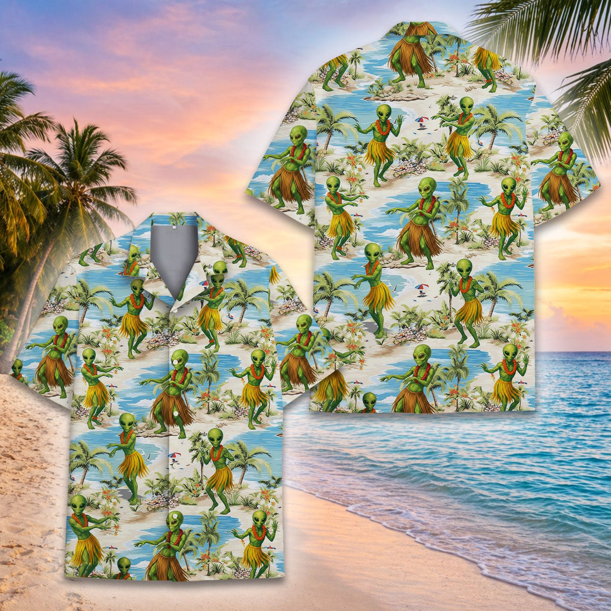 Alien Hawaiian shirt back view with tropical beach pattern
