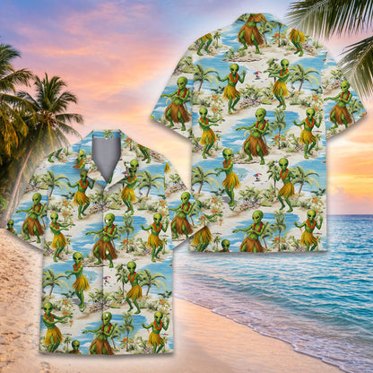 Alien Hawaiian shirt back view with tropical beach pattern