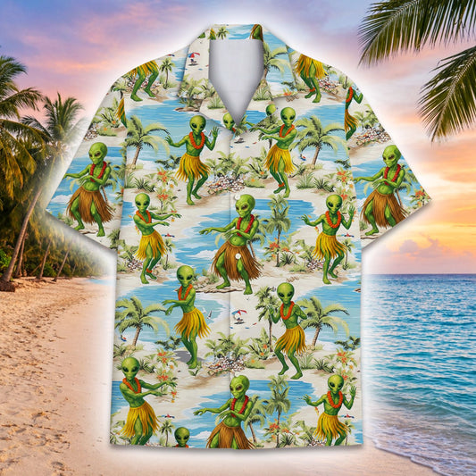 Alien Hawaiian shirt featuring tropical beach scene with hula aliens, main view