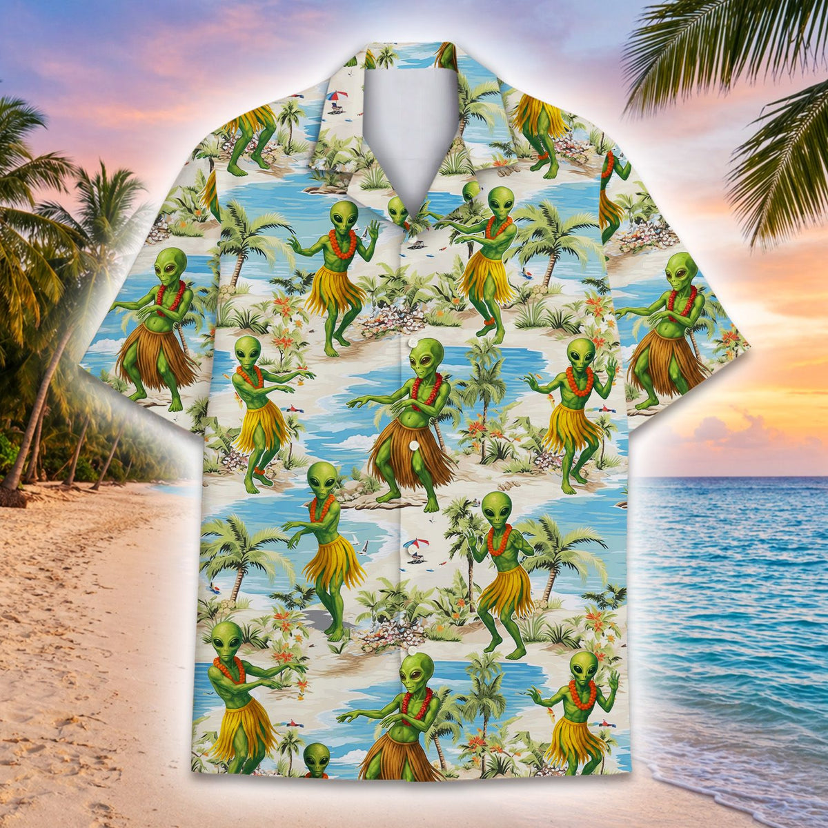 Alien Hawaiian shirt front view showing alien hula dancers
