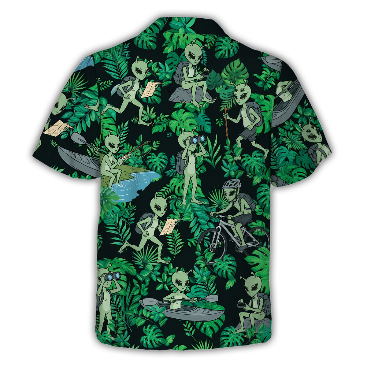 Back view of the matching family hawaiian shirt with alien and tropical leaf print