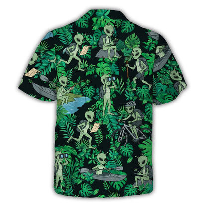 Back view of the matching family hawaiian shirt with alien and tropical leaf print