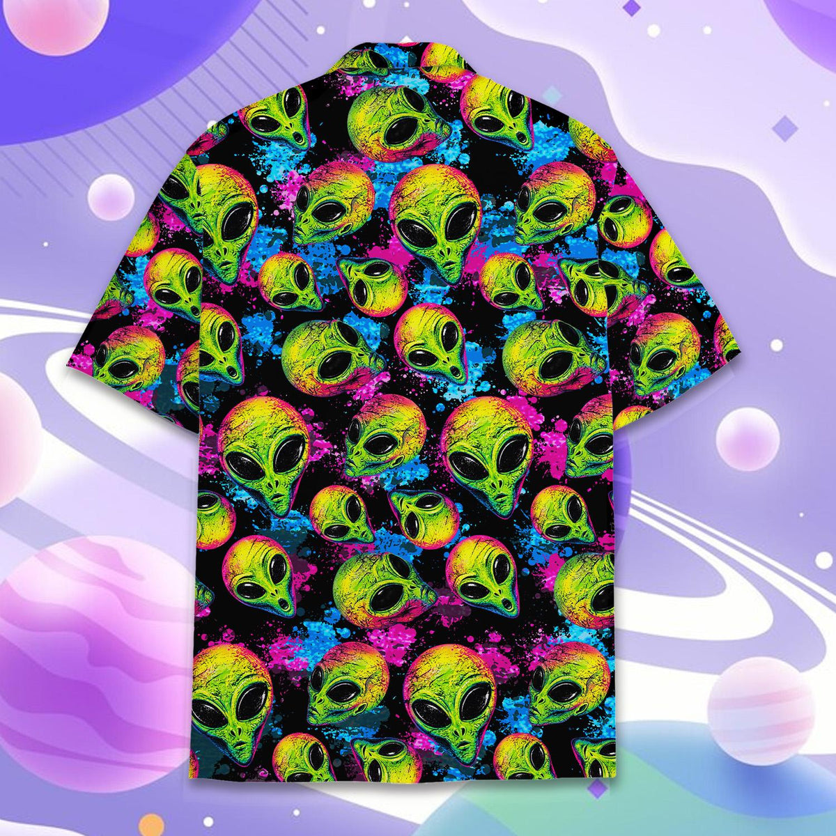 Secondary back view of the alien print hawaiian shirt