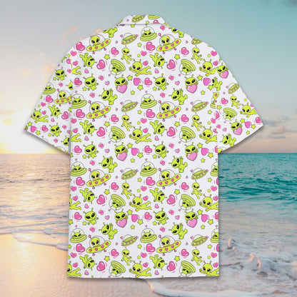 Detailed back view of the alien hawaiian shirt pattern
