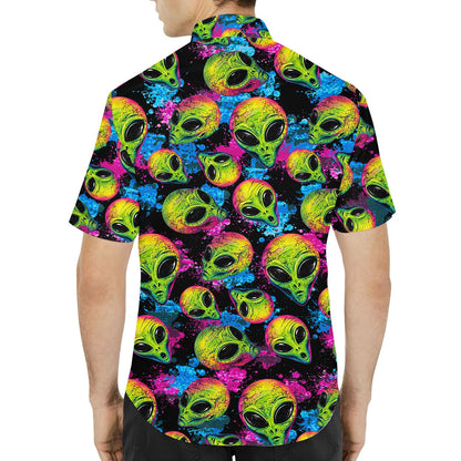 Back view of the neon alien hawaiian shirt
