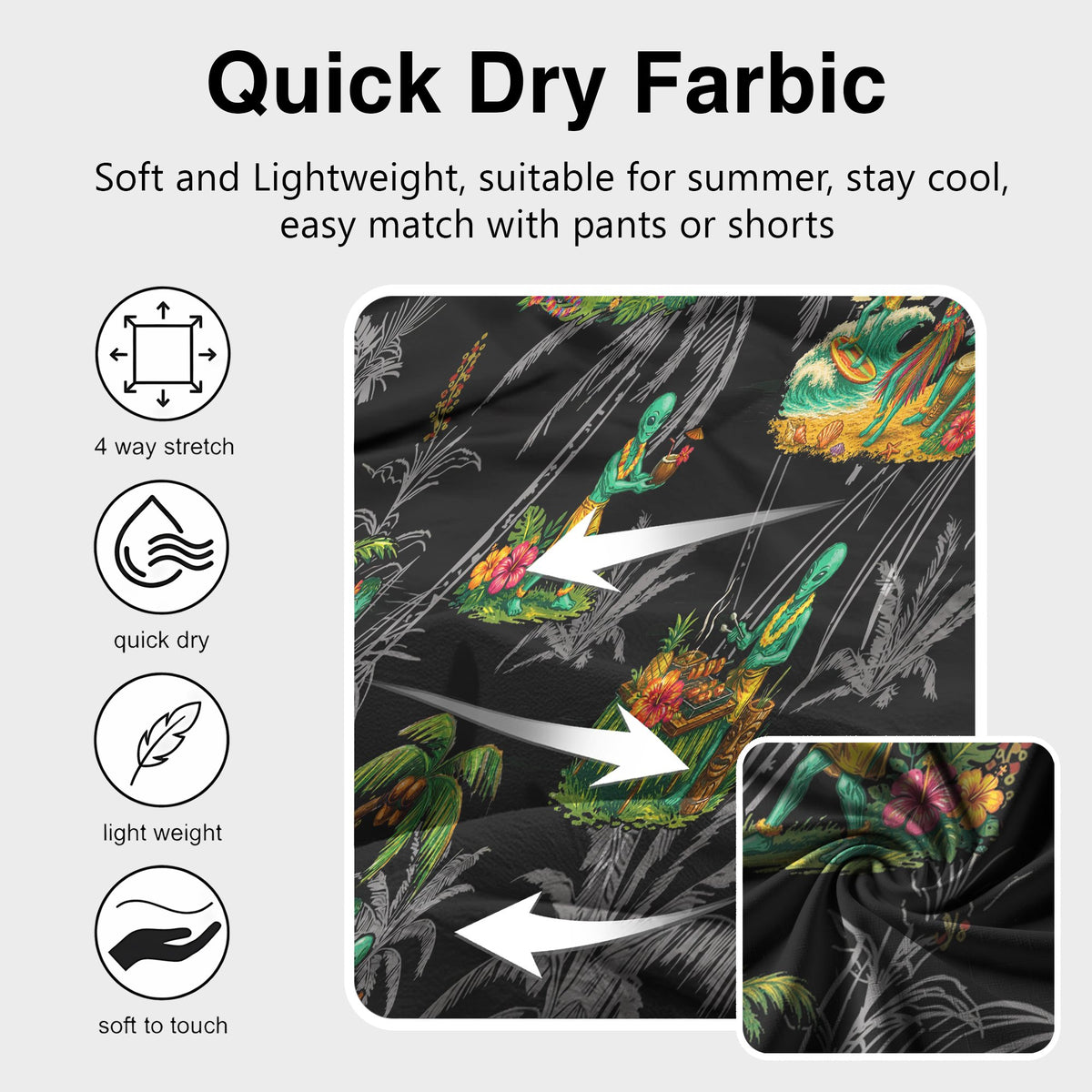 Close-up detail of tropical alien hawaiian shirt pattern