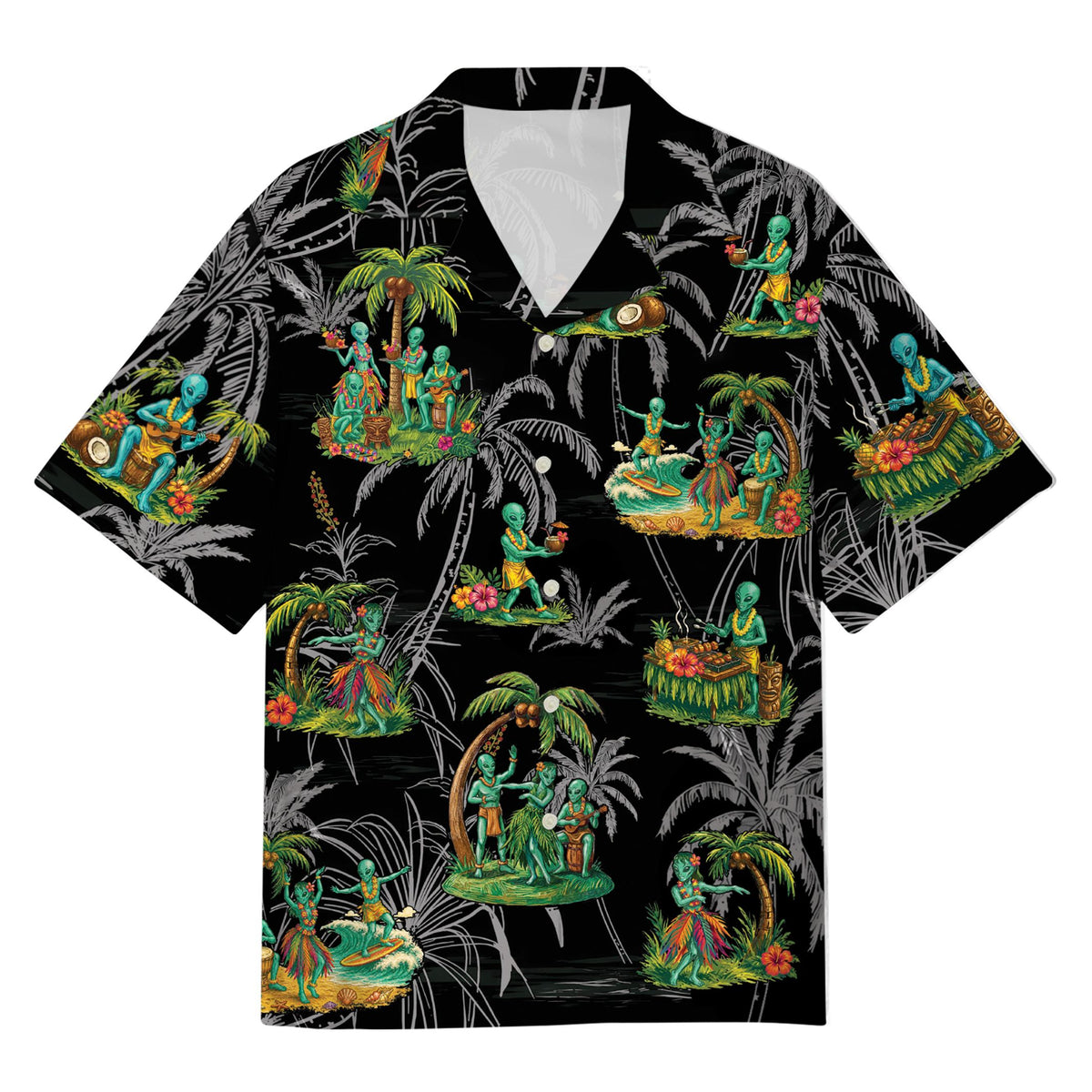Black and green alien hawaiian shirt, front view