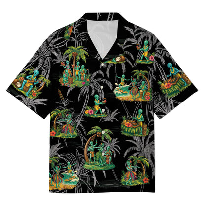 Black and green alien hawaiian shirt, front view