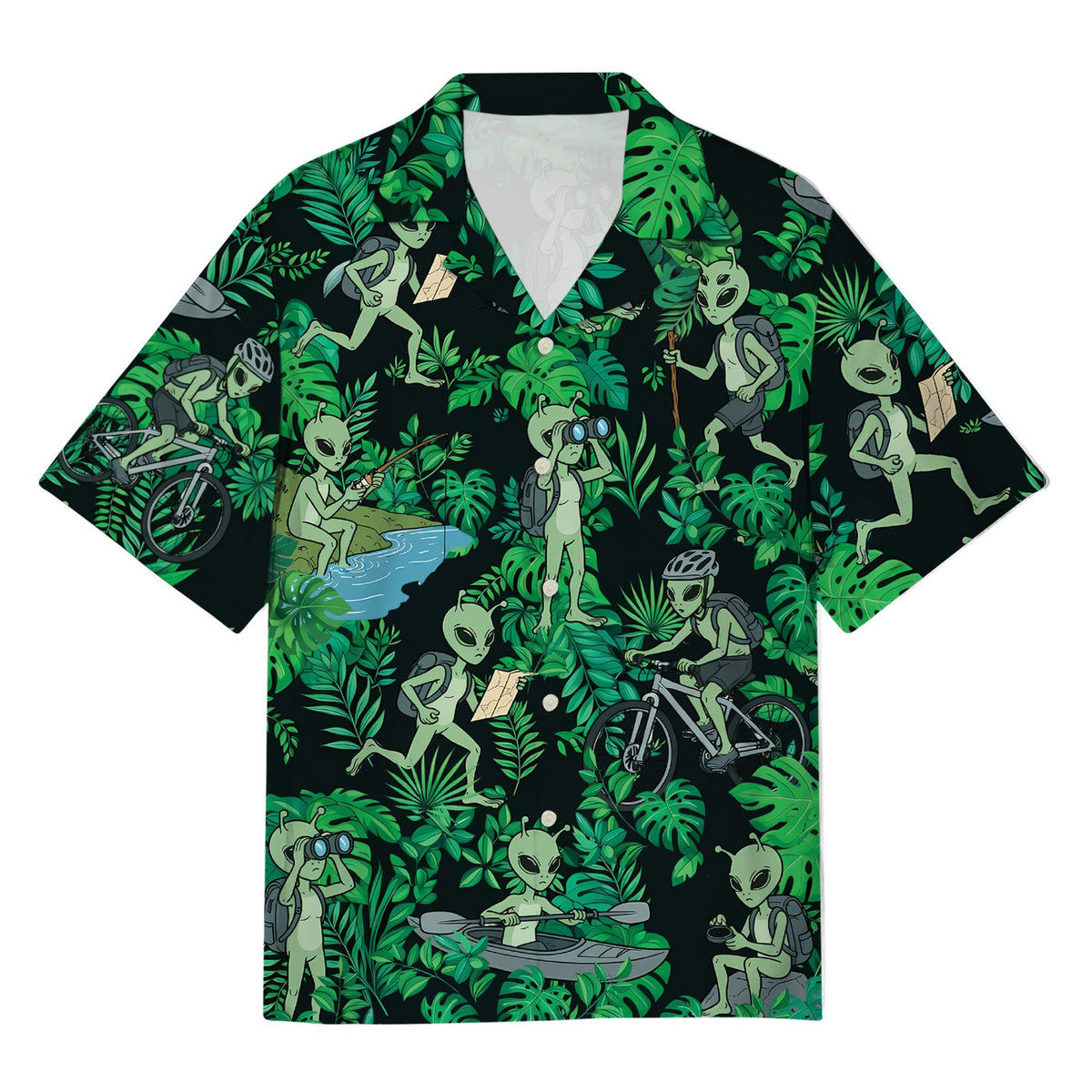 Front view of the black and green alien hawaiian shirt featuring outdoor activities