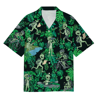 Front view of the black and green alien hawaiian shirt featuring outdoor activities