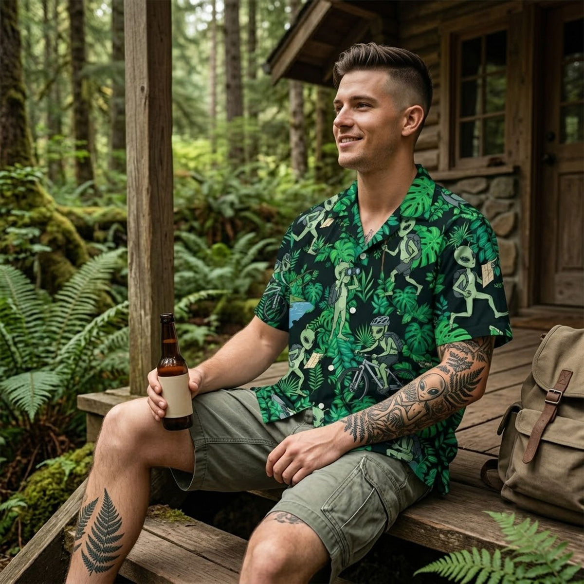 Lifestyle shot of a person wearing the alien hawaiian shirt outdoors
