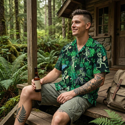 Lifestyle shot of a person wearing the alien hawaiian shirt outdoors