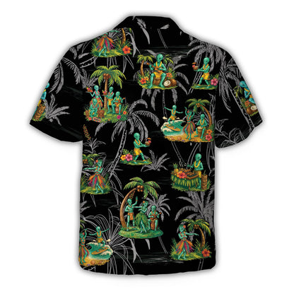 Second lifestyle view of the tropical alien hawaiian shirt