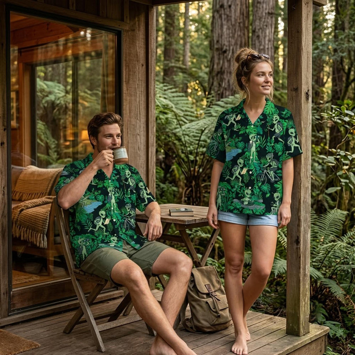 Second lifestyle shot featuring the vibrant alien summer shirt