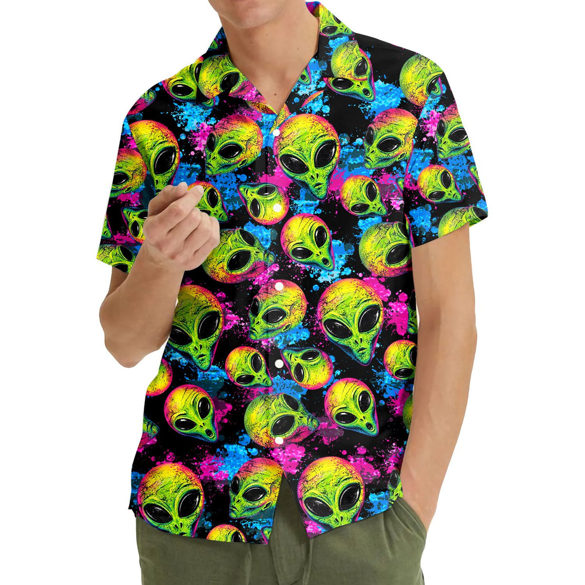 Lifestyle view of a family wearing the alien hawaiian shirts