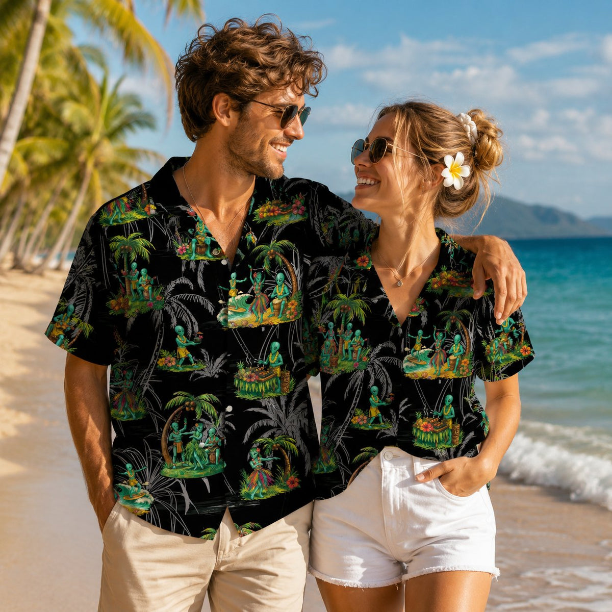 Additional view of the tropical alien hawaiian shirt layout