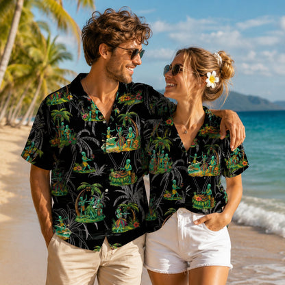 Additional view of the tropical alien hawaiian shirt layout